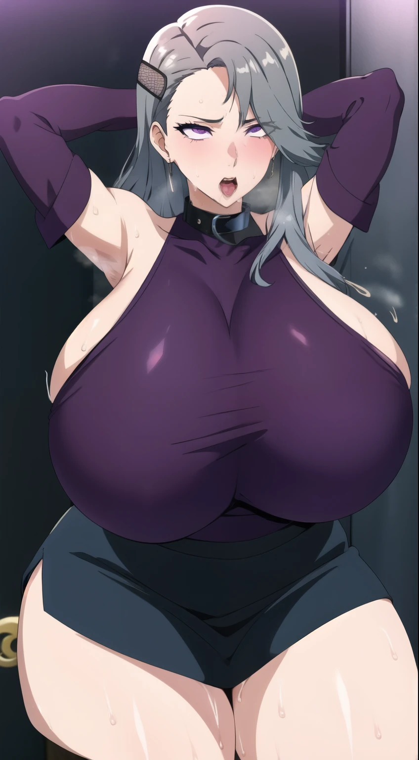 masterpiece, 1 girl, alone, Shortcuts, , Niijima Sae (persona 5)、Big Breasts, Mature Woman, Glare,Sharp eyes, Silver Hair、Lilac eyes, Empty Eyes LoRA / utsurome / Hypnotic suggestion,White off-shoulder sweater,Pink tight skirt, Pose standing thigh sex,Thick thighs, Hypnotic Pendulum,Hypnotic state,Hypnotic stateの目,squint,Open your mouth wide vertically,Oho face,Sweaty,Stuffy stuffiness,全身Sweaty,White off-shoulder sweater,I can see the valley,Put your arms behind your head,Stuffy stuffiness,Steaming,  (Huge breasts:1.4), Putting on a collar,Fishnet tights