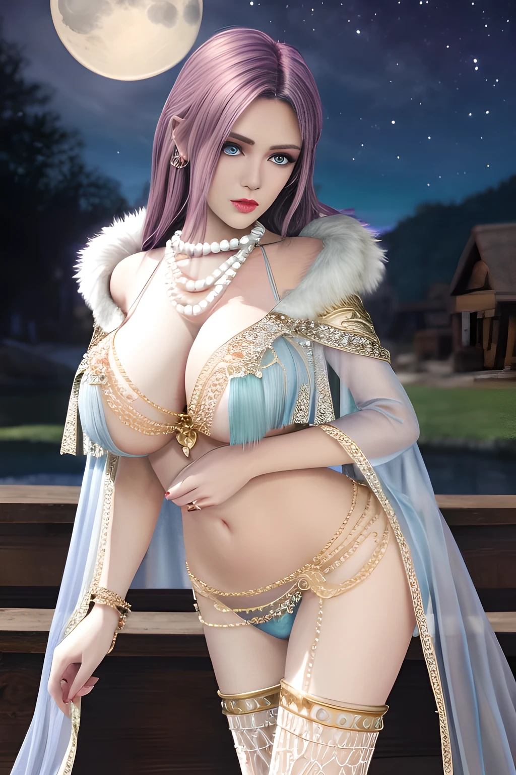 1 girl,lean over ,(Wearing Ice-crystal embellished dress:1.2) ,(Wearing Jewel:1.2) ,( lace_cloak:1.3),(Fluffs ),(pearl bodychain:1.3),mesh pantyhose,outdoor,elegant,nighttime,moonlighe,shiny skin,( huge breasts), lip gloss,tattoos, masterpiece, best quality, realistic ,Surrealism,natural colors art in 8k,soft shadows,High-definition RAW color photos professional portrait photos,solo,  elise,