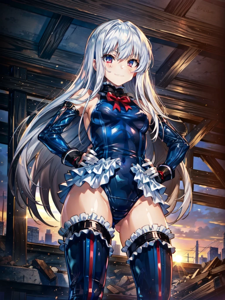 perfect anatomy, highest quality, rose,evil smile,provocative attitude
,(Girls greet dawn on top of a pile of rubble:1.1),evil smile,anime style,(白いruffle swimsuit, Thighhighs, removed sleeve), (anime style:1.4) ,
silver hair,(white fingers:1.1,black gloves),very long hair,evil aura,(from below),put both hands on hips,Young Girl