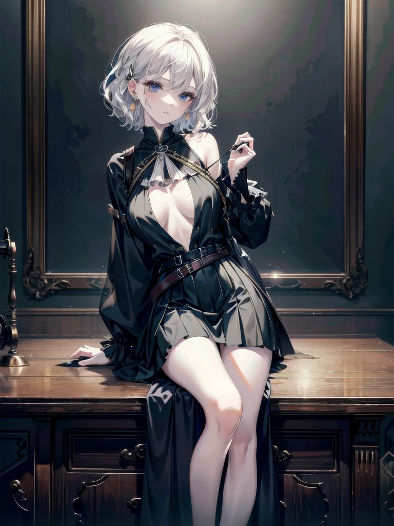 absurdres, RAW photo, extremely delicate and beautiful, masterpiece, Best Quality, ultra high resolution, 32k, hyperrealistic, ultra-detailed, detailed description, pale skin, 20 years old, tearful mole, earring, Colossal tits, short medium hair, wavy hair, full body shot, Practical pirate clothing, Long-sleeved pirate top, Skirt,