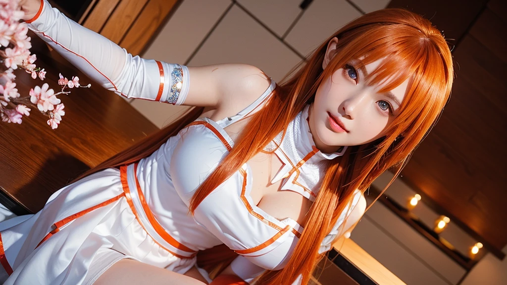 Asuna, anime style, (masterpiece:1.35),(bestquality:1.4),8k,ultra-detailed,photography,(ultra-realistic:1.4),film grain,Fujifilm XT3, professional lighting, 1girl, adult, (sexy Asian female:1.45), solo, female focus, (red hanfu)!!, earrings, fingernails, open skirt, no panty, traditional chinese background with cherry blossoms, long Hair, orange hair, braid hair, (blush face)!!, seductive smile, detailed realistic hair, symetrical hair ornament, detailed realistic clothes, jewelry, neck garter, realistic akin, (orange eyes), (lewd breast cleavage), smooth thighs cleavage, thighs garter, (laying on bed), having sex, grab torso, armpit, symmetrical hair ornament, pantyhose, bare shoulders, (correct anatomically)!!, climax together, orgasm, (cumshoot)!!, yuuki asuna \(sword art online\), (correct anatomically)!!, (1girl, having sex, 1man, penis, pussy:1.3), grab torso
