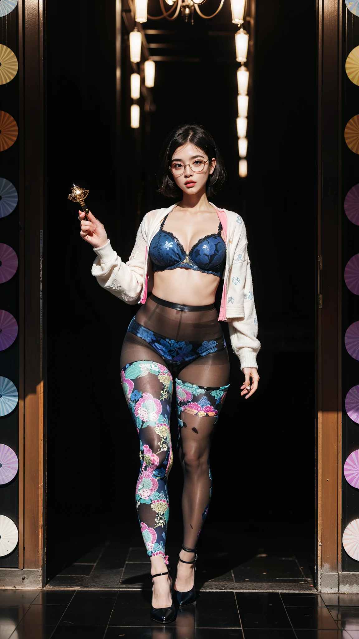 ,(full body:1.5),(((only one girl)):1.4),(view the viewer:1.4),((anatomy correct):1.45),(((dancing in the jungle , Perfectly integrated background))):1.3),(she wears large glasses and Holding bra & pantie in her hand:1.2),(shy:1.15),((stocking set):1.2),(((((((patterns)))))) ,((thick pantyhose)):1.3),(high heels leather shoe:1.1),((Long legs and large chest):1.3),((((colorful))):1.4),(Accurate and perfect face:1.3),((black short hair):1.2),hyper HD, Ray traching, reflective light, structurally correct, Award-Awarded, high detail, lighten shade contrast, Face lighting ,cinematic lighting, masterpiece, super detailing, high quality, high detail, best quality, 16k,High contrast,