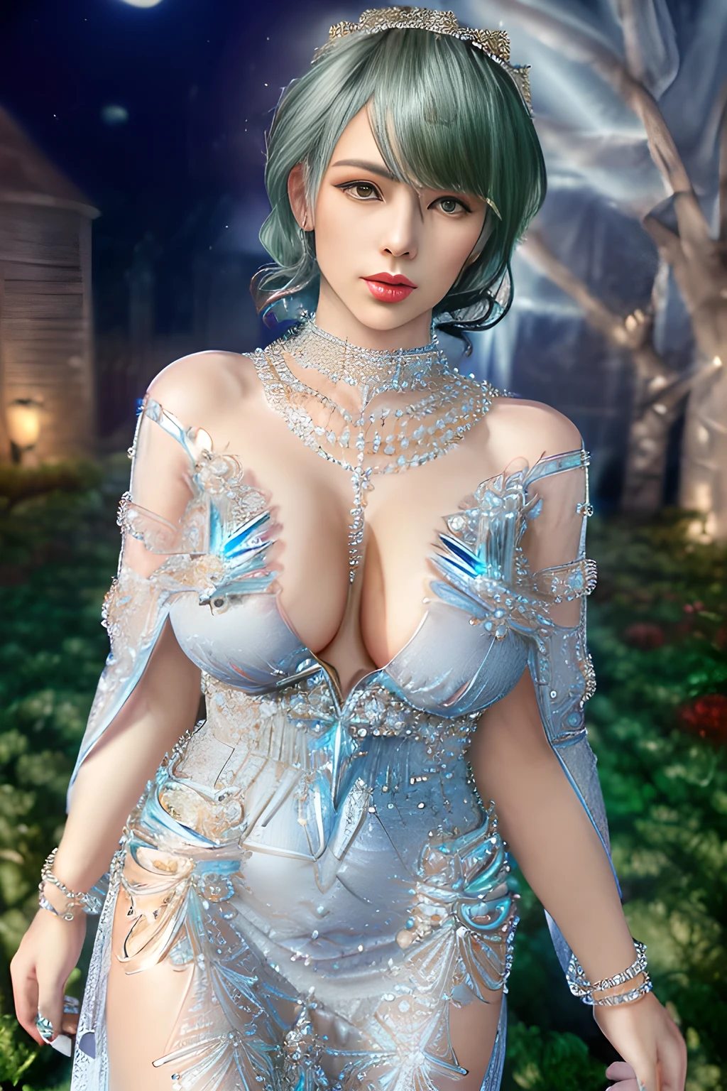 1 girl,((Wearing Ice-crystal embellished dress:1.5),(Wearing Jewel:1.2) ,( lace_cloak:1.3),(Fluffs :1.4),(pearl bodychain:1.3),garden,nighttime,moon,( huge breasts ),cleavage,shiny skin,lip gloss,tattoos, masterpiece, best quality, realistic ,Surrealism,Rich artistic colors,natural colors art in 8k,3D,Portrait art,solo, tamaki