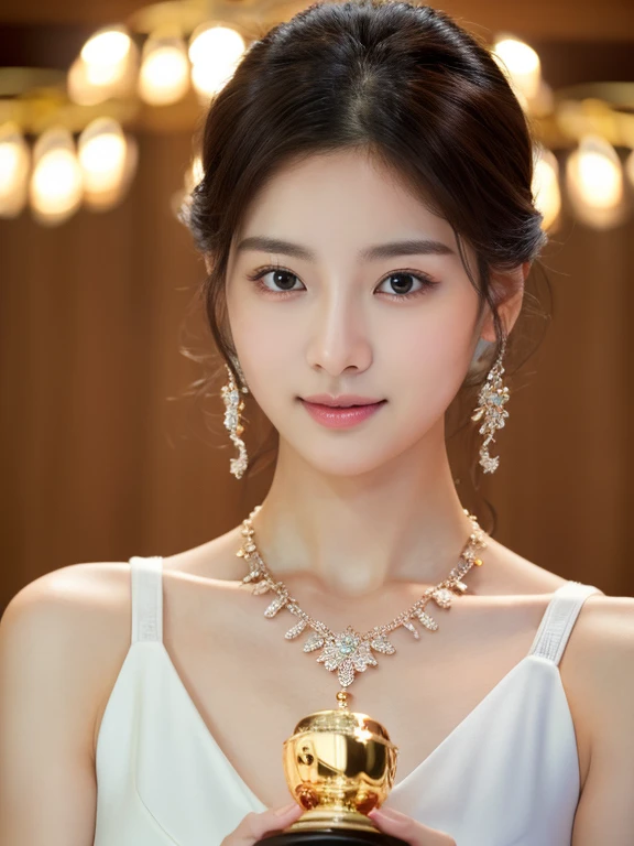 best quality，masterpiece，high resolution，HD，Delicate face shape，Korean beauty，beautiful necklace，Holding trophy，White women&#39;s suit(Reveal body curves），Brown low ponytail，super red lipstick，full-body shot