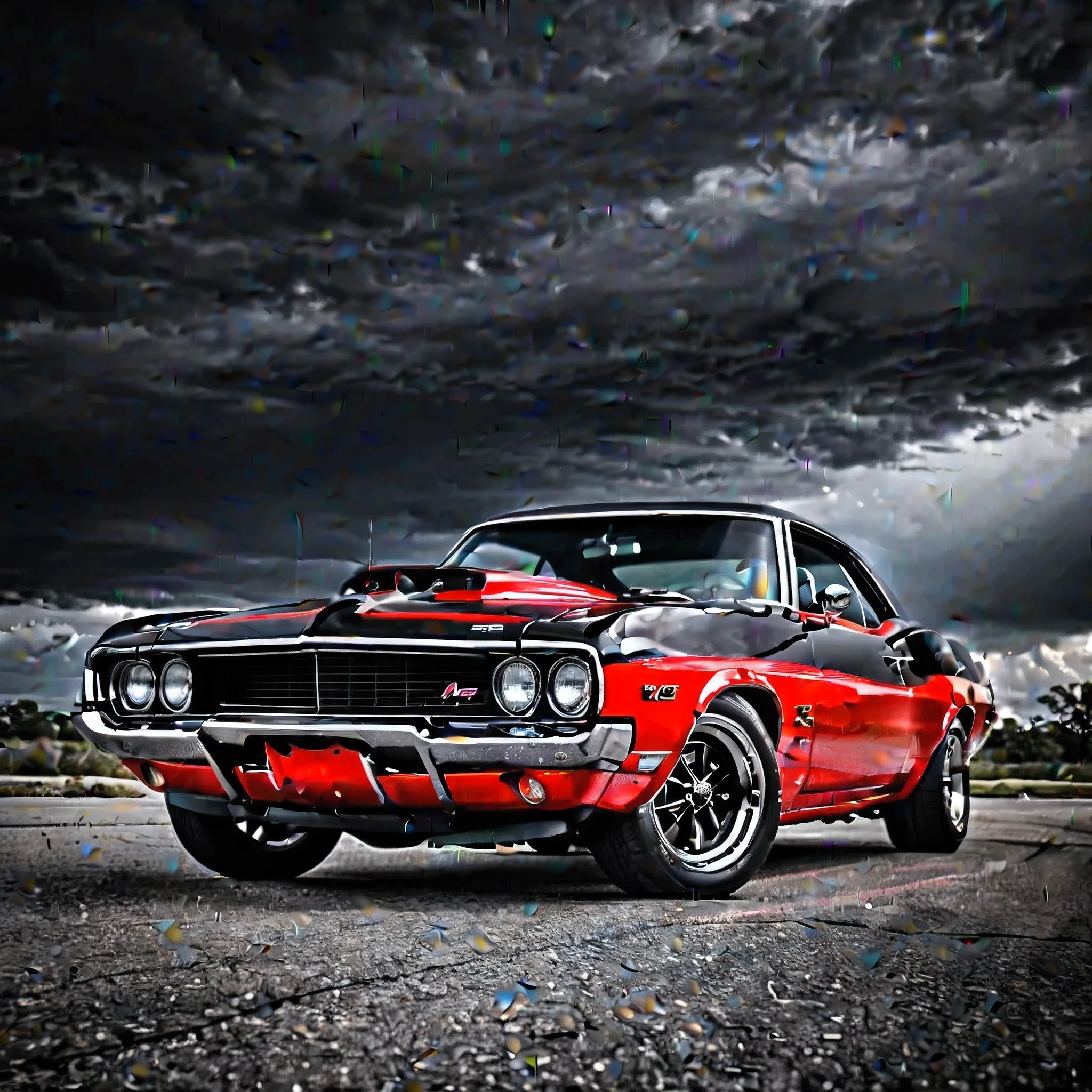 dramatic photo of a black and red muscle car