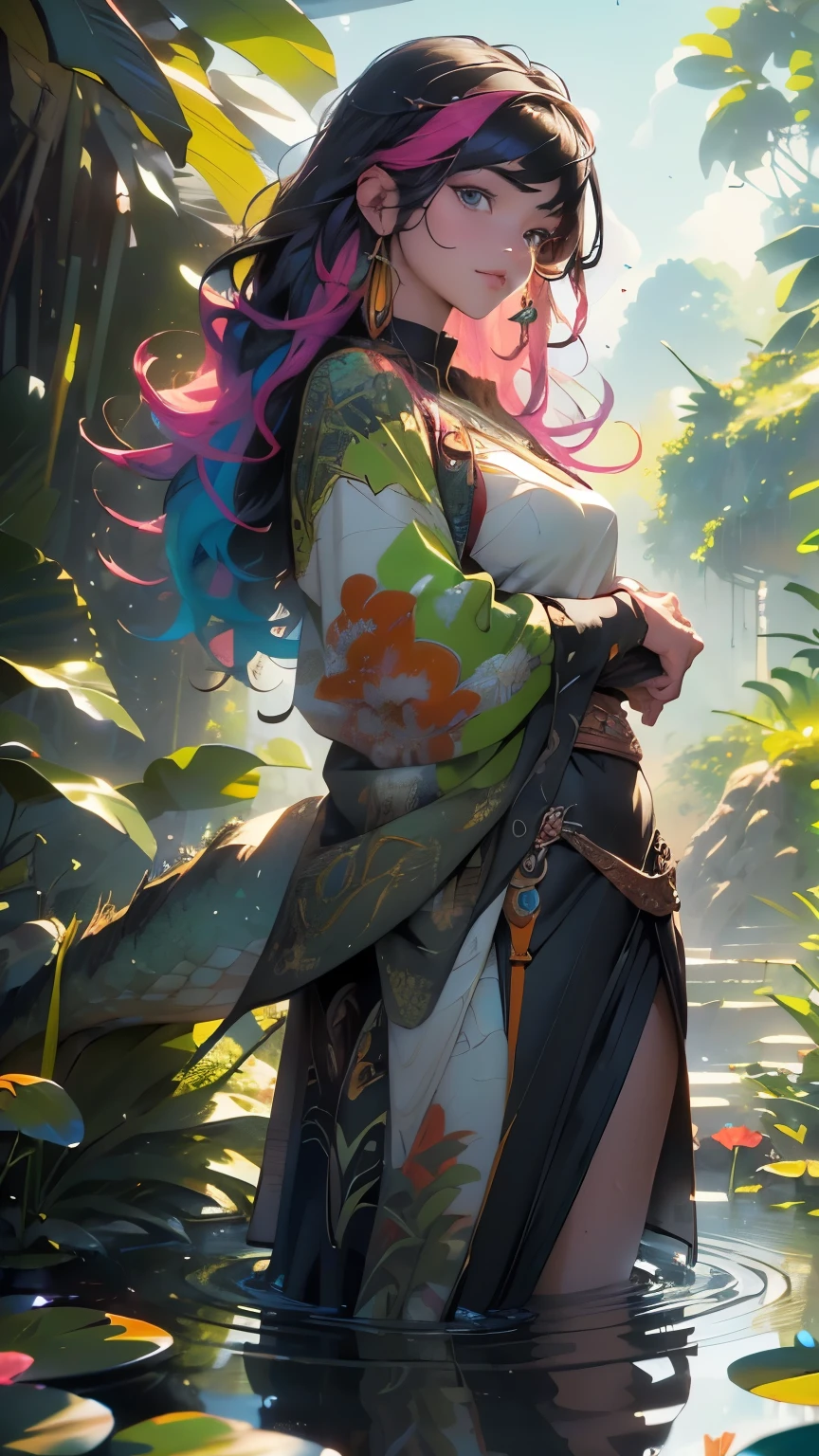 Gecko, Big Tail, Colorful, human,1 Animal, protective wild, Tall, Mysterious,wild, centered,scale to fit dimensions,Rule of thirds,the target is the Tail,adorned with jewelry, bandages, ornaments, outdoors,(Big wild jungle background),scenery,(oasis,oasis background),extremely scenery,(puddles everywhere,moss,moss on the background),clouds,castle,lily pads, reeds,sunset, golden hour), (Glossy ornaments),(top-quality,8K,32K,​masterpiece),high resolution,(Photorealistic:1.4),Ray tracing,Sun glare,depth of fields,By backlight effect,Add depth to your screen,(((vibrant colors,vibrant theme))),(intricate),(high contrast,photorealistic artwork:1.37),(best quality,4k,highres,masterpiece:1.2),ultra-detailed,(realistic,photorealistic,photo-realistic:1.37),professional,Clear Face

