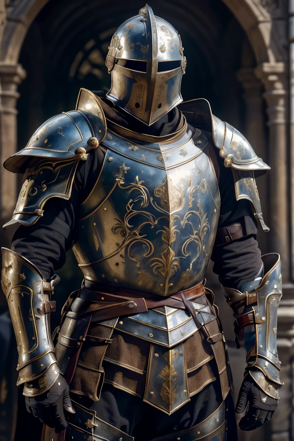Photo of an unknown male Renaissance soldier, (Portrait), (Hidden face:1.3), ((Detailed facial features concealed by a hidden mask or helmet:1.2)), (Worn shiny armor:1.3), ((Antique, rustic texture:1.2)), ((Realistic, Super realistic, Realism:1.37)), Perfect Anatomy, perfectly proportions, Bokeh, depth of fields, Hyper Sharp Image, (Historical, Epic, Dramatic:1.3), (Brown or metallic armor suit:1.3), (Distressed, timeworn, aged:1.25), Shot in a dimly lit