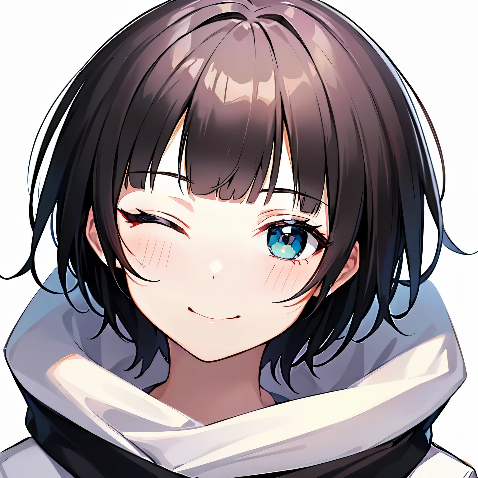 ((1 beautiful girl)), ((solo:1.3)),((blunt bangs)),((black hair)),((Blue eyes)), ((shoulder length hair:1.2,short hair)),************, ((white background:1.3)),((See here)),((head shot)), BREAK (wink, one eye closed:1.3), 