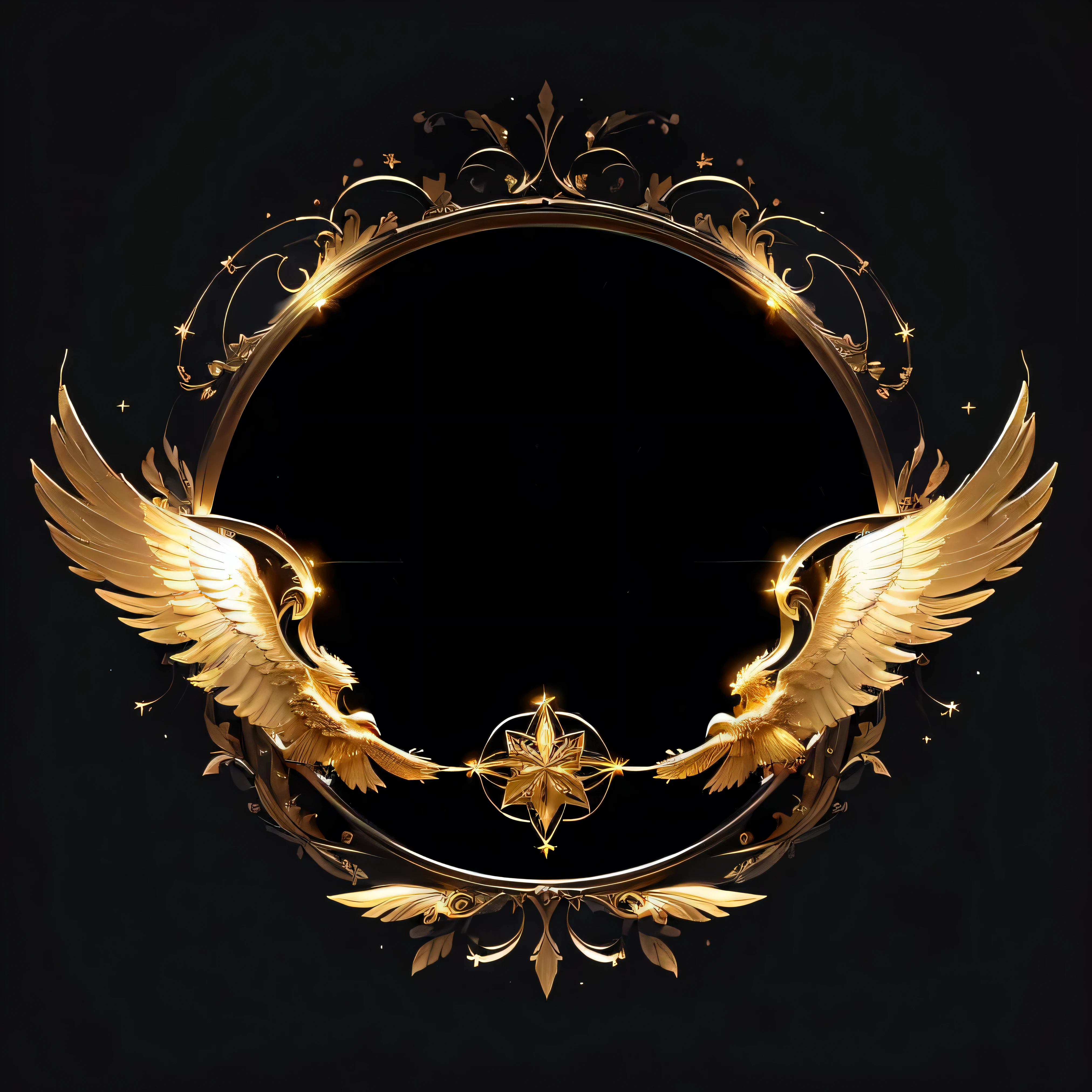 Hay un marco dorado,Hay alas y una estrella en el medio., alas doradas, alas doradas, Precioso marco de fotos, with fiery alas doradas, with fiery alas doradas of flame, halo ornamental, Majestic symmetrical eagle wings, epic angel wings, fantasy shield, symbol of wisdom, Hermosa frontera + arte conceptual, Symmetrical wing, armadura dorada angelical, Golden magic shoulders
