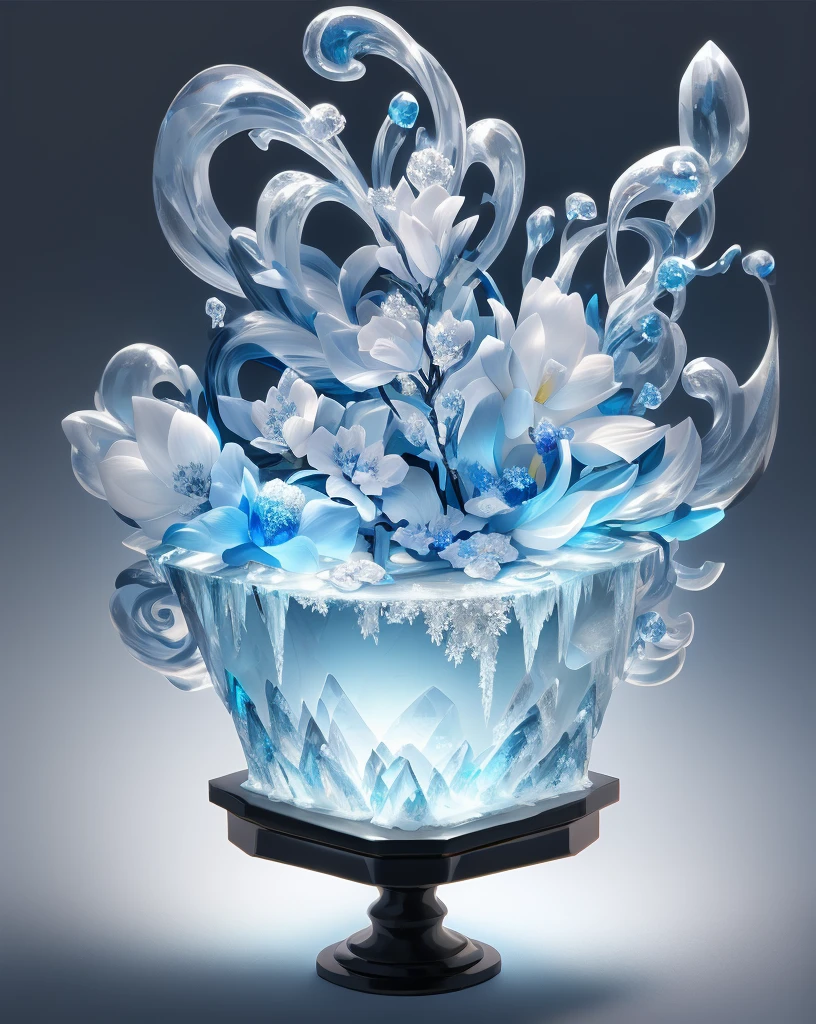 Ice sculpture in flower shape, in the water, bright background, studio lighting,romantic style, glass-like sculptures, frozen movement，high details,expensive style,pop style, high details white and silver tone
