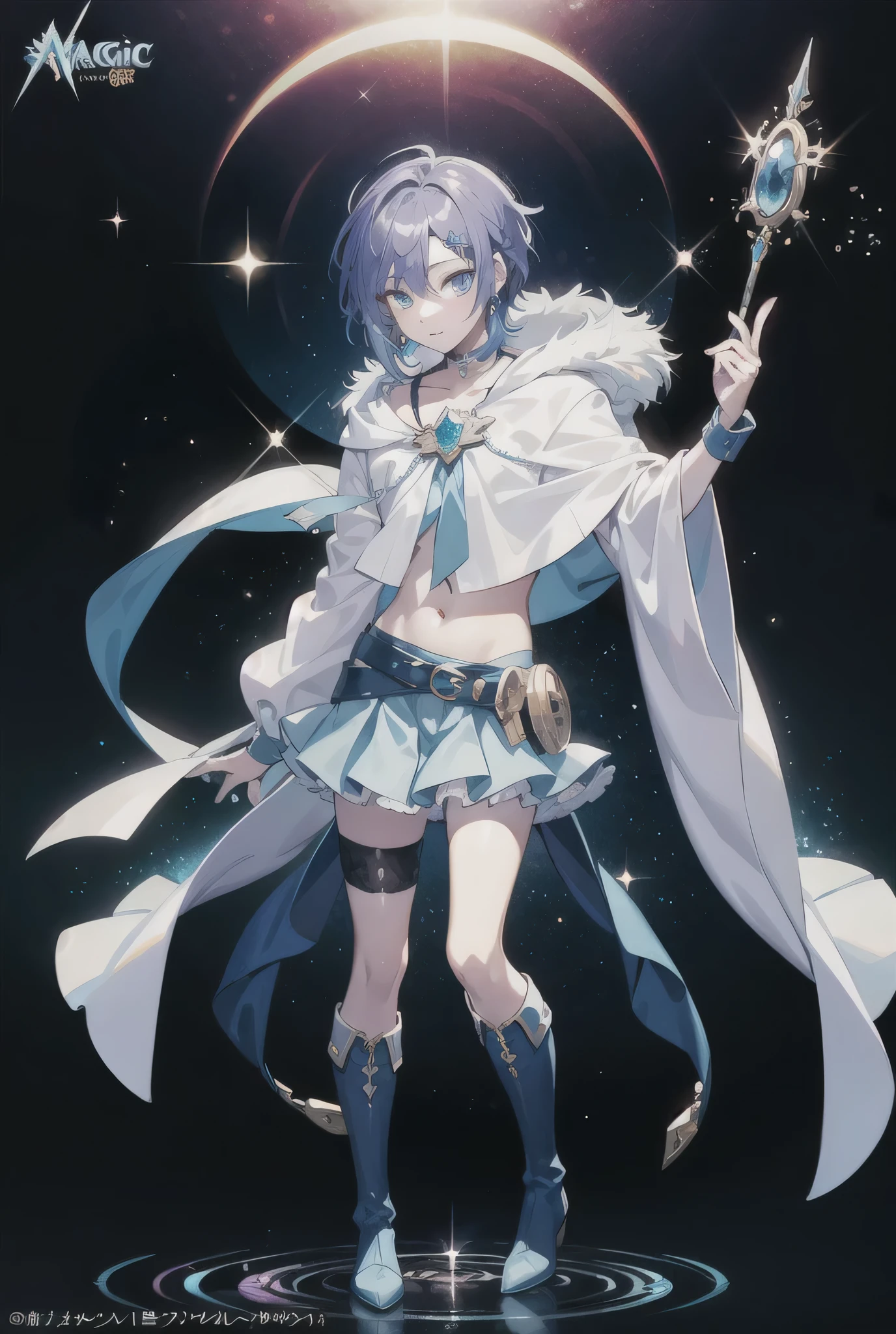 Close-up of a boy wearing a white and blue crop top dress with jewelry brooch、solo、Official artwork、He has long cyan-purple hair、Boy with long purple hair、Blue Eyed Boy、One-sided up-up hair、Long legs、solo、Blue mini skirt、Black thigh-high socks、Blue knee high boots、Separated sleeves、white panty、Blue wrist cuffs、Cool Magic Boy、Official character art、Splash art anime、style of Magic Boy、Full body close-up、Official Fan Art、Anime Moe Art Style、Happy!!!、!!Full body portrait!!、Official character illustration、sparkling Magic Boy、Heavenly Aura、Sapphire Prince、Hymn to the King as a Prince、Magic Boy、Cowboy Shot、portrait of Magic Boy、a boy is a standing、looking at viewer、Blue&#39;s iconic character、
