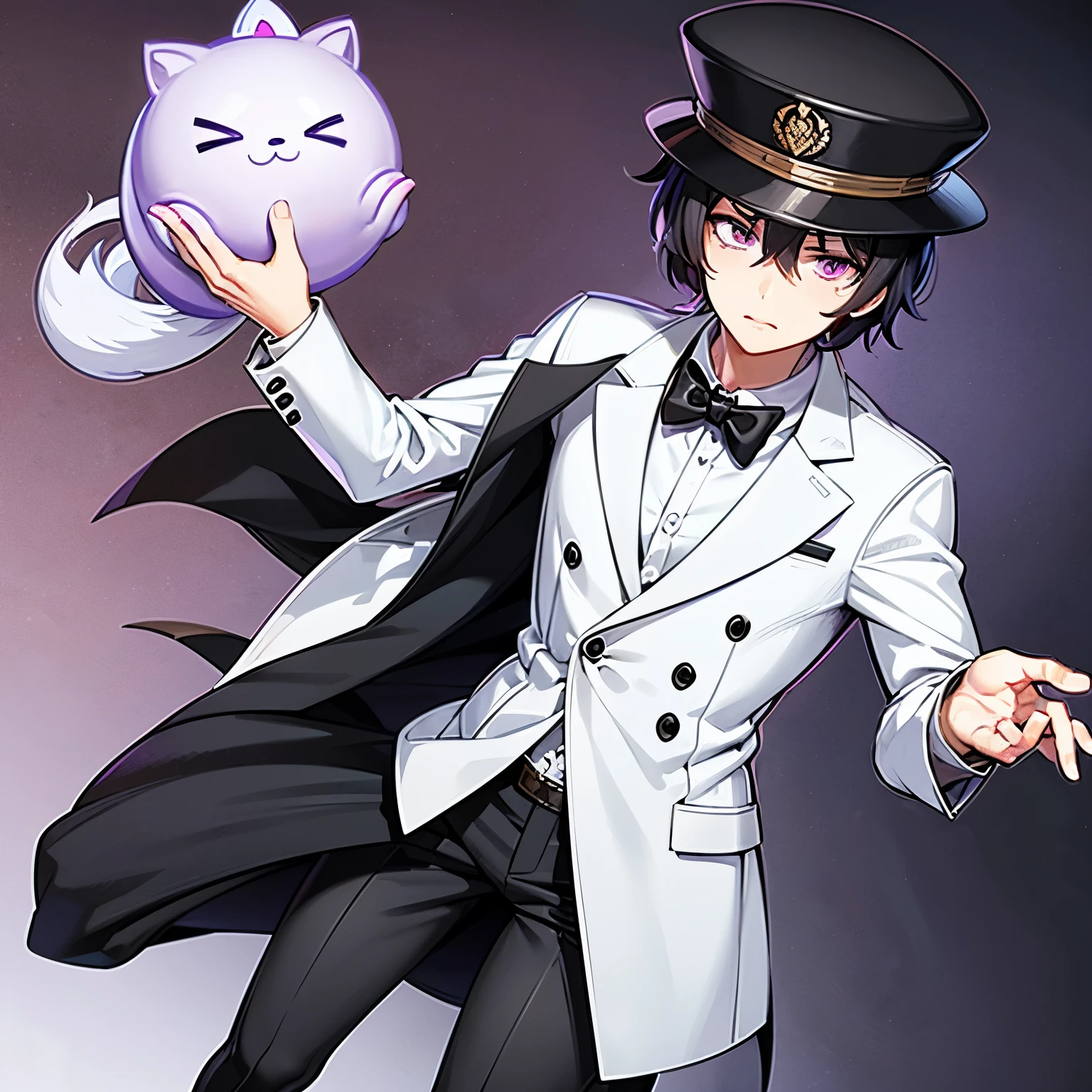Ryuujin Kiyoharu is a male Doorman. He wears a white double breasted suit and black tie under the collar with a gray undershirt underneath. He has black hair with a purple tint, which some are hidden under a 1950s doorman's hat, and had longer ish hair at the back, with some purple tint. A small rim sticks out from a short, semi-pleated top, with the word ‘DOORMAN’ printed across the front band in black all printed text. He has black pupils with light purplish eyebags under his eyes. He also has black eyebrows above his eyes. He usually has a very stoic face. The list of characteristics says:
•Long nose
•Thin chin
•Tired and restless eyes
•Medium hair in a wolf cut
•Wears a hat
•two moles on each cheeks