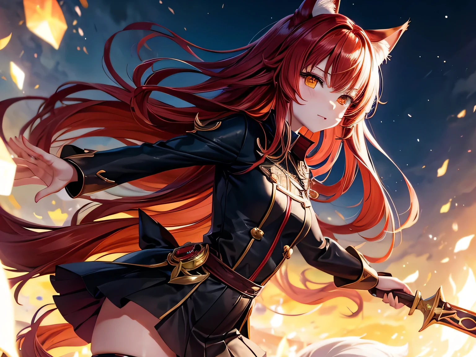 anime girl with long red hair and cat ears in a black outfit, beautiful anime catgirl, very beautiful anime cat girl, 2 girl, anime girl with cat ears, extremely detailed artgerm, ayaka genshin impact, trending on artstation pixiv, ayaka game genshin impact, holo is a wolf girl, digital anime illustration, holding a magical orange sword, fox outfit, fox ears, miraculous fox power, with God tail, night background, attack pose, seriously expression,