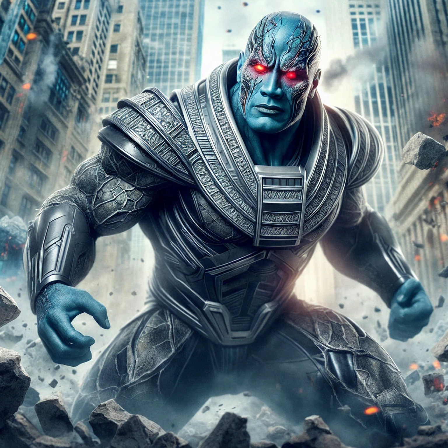 masterpiece, high quality, hyper detailed, intricade details,do the rock acting as xmen apocalypse,black lipstick, blue skin,apocalypse helmet,angry,furious,dynamic action,egyptian pyramid,technologic pyramid,desert,blue glowing eyes. super powerful,x-men mutant, on the movie set