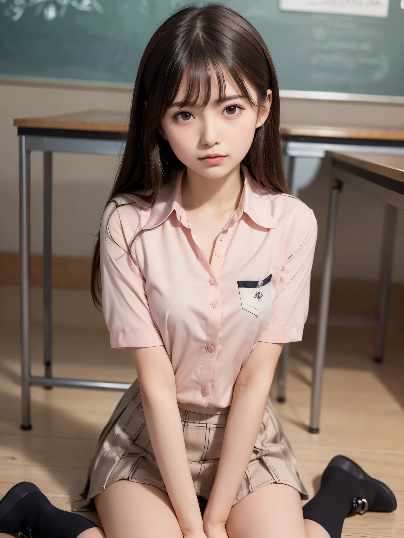 (Showing panties:1.2), (Professional portrait, Realistic and perfectly shaped subjects:1.3), (masterpiece, highest quality:1.2), (Realistic, Ultra-realistic, Realistic:1.3), (ultra High resolution), High resolution, Intricate details, Very detailed, (Extremely detailed CG, unity 8k wallpaper:1.3), Clear images,
break
(1 Japanese girl, 16 years old), (cute, Slim figure), (Perfect Anatomy, Correct limbs:1.2), (Perfect hands), Perfect Arms, Beautiful and delicate down to the last detail, Beautiful and delicate eyes and eye highlights, (Very thin and delicate、Not too long eyelashes), (Captivating eyes, Beautifully detailed eyes and face), light makeup, Pink Lip, Lip gloss, Stylish face, (Shiny skin, Realistic skin detail), Brown Hair, medium chest
break
((school uniform)), (high school girl), (Black socks), shirt open
break
classroom, Sitting on the floor, (Wariza:1.3), break
(((blush:1.4))), ((Embarrassing:1.4)), (((shy:1.5)))
break
from below
break
leaning forward
