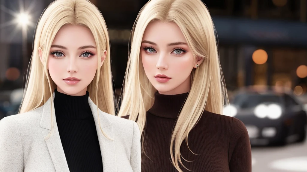 European and American women, Fashion Model, Wearing turtleneck tops, Glamour, Paparazzi take pictures of her, Blonde, Brown eyes, 8k, high quality, masterpiece, 最high quality,KHD, Very detailed, Volumetric lighting, Realistic