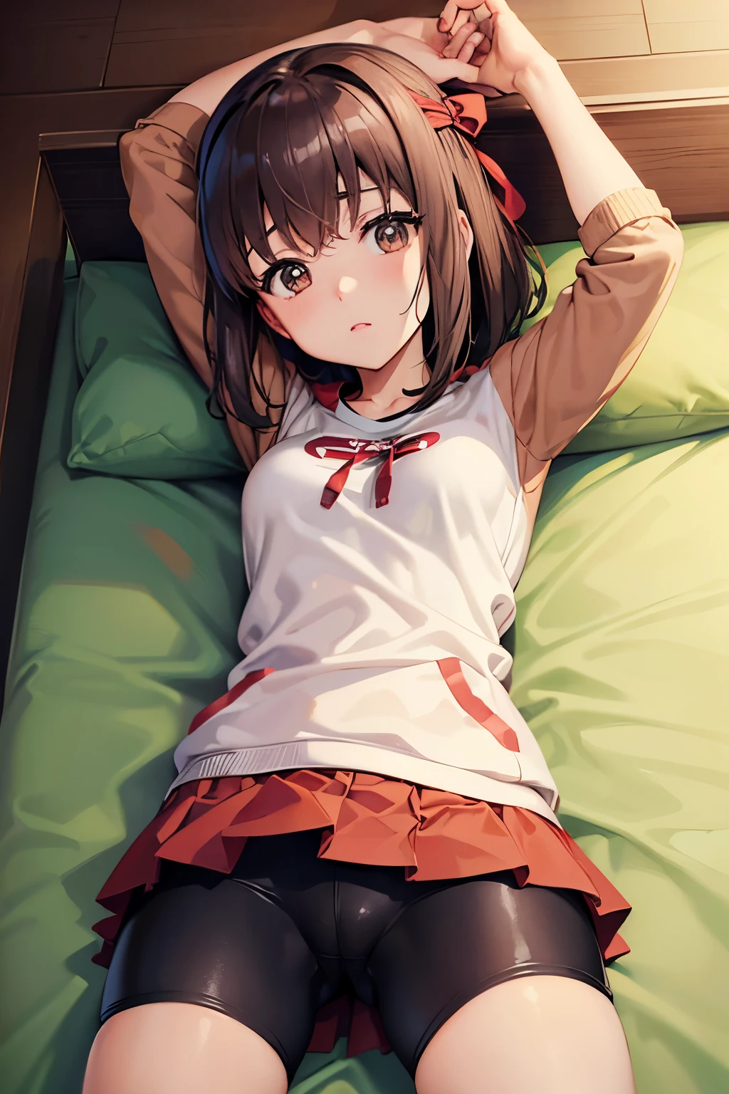 Taeko Kondo、Girls&Panzer、Brown Hair、Short Hair、((Bike Pants))、Photo from below、Medium chest、Bedroom、(Gymnastics)、Red ribbon、Black knee-high socks、Checkered mini skirt