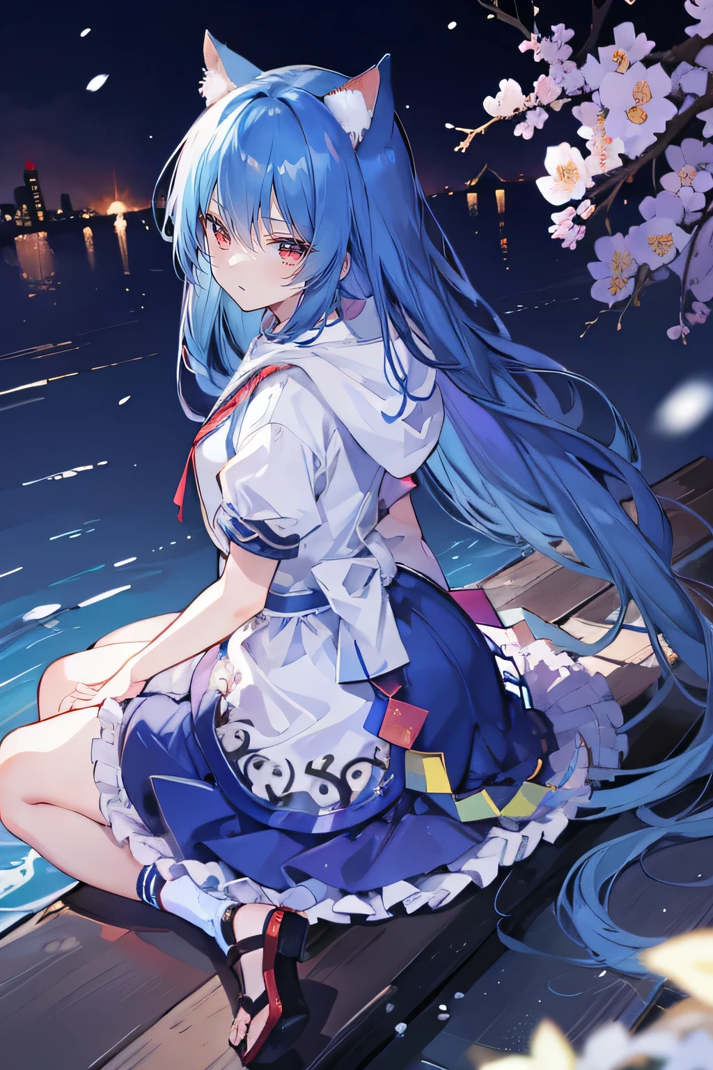 (masterpiece:1.2),Super detailed,lifelike,Expressive eyes,fair skin,perfect face shape,1 girl,
Japanese comics,Gorgeous blue hair,flowing blue hair,flowing clothes,Cat ears,Petals fall,beautiful lola,Baby Angel,
Shaking head with one hand,Cross your legs,Gentle and peaceful background,The pavilion is cool and comfortable,smile, wearing hoodie, background of tokyo,back views,snowing, winter.