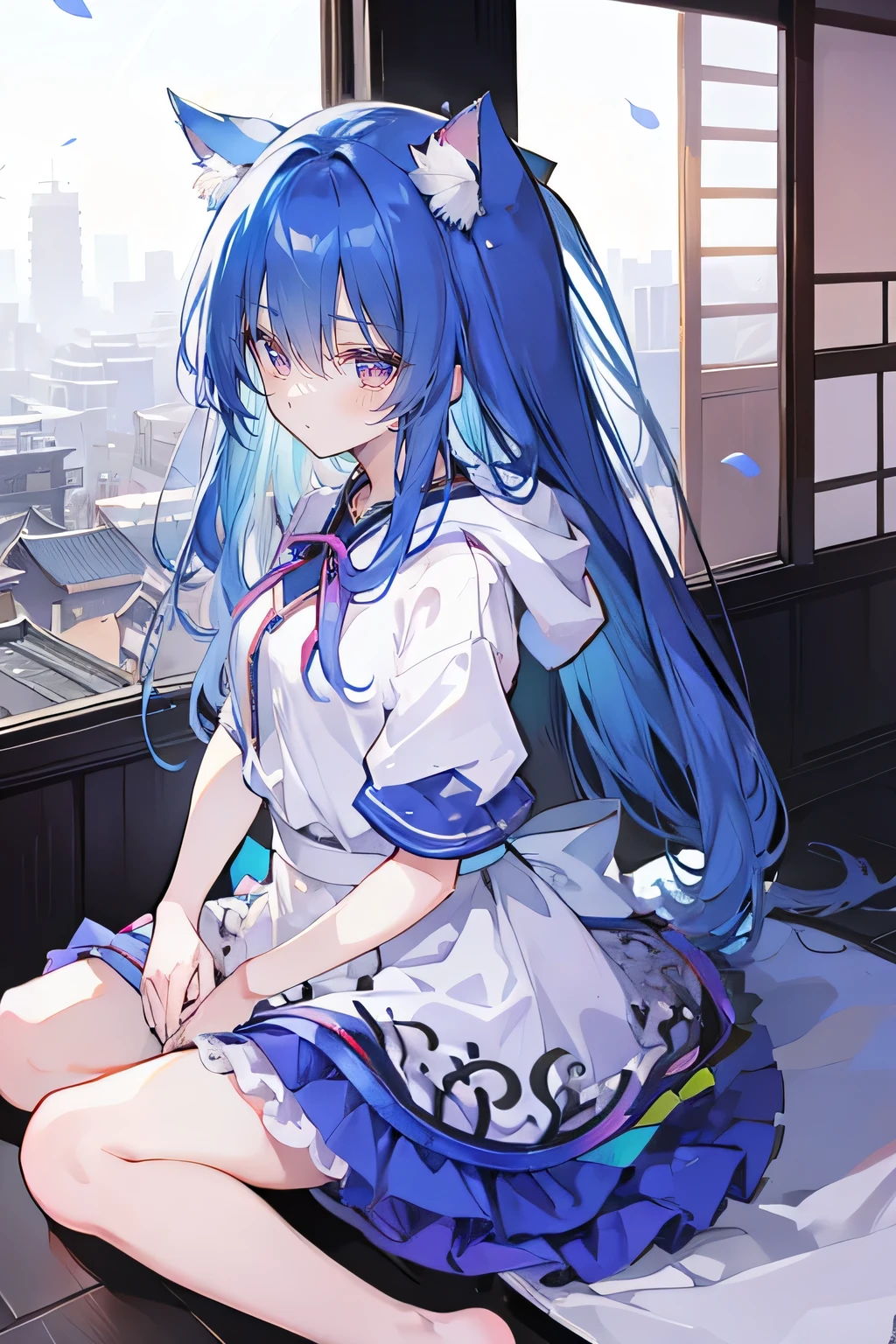 （masterpiece：1.2），Super detailed，lifelike，Expressive eyes，fair skin，perfect face shape，1 girl，
Japanese comics,Gorgeous blue hair,flowing blue hair,flowing clothes,Cat ears,Petals fall,beautiful lola,Baby Angel,
Shaking head with one hand，Cross your legs，Gentle and peaceful background，The pavilion is cool and comfortable,smile, wearing hoodie, background of tokyo,back views,snowing, winter.