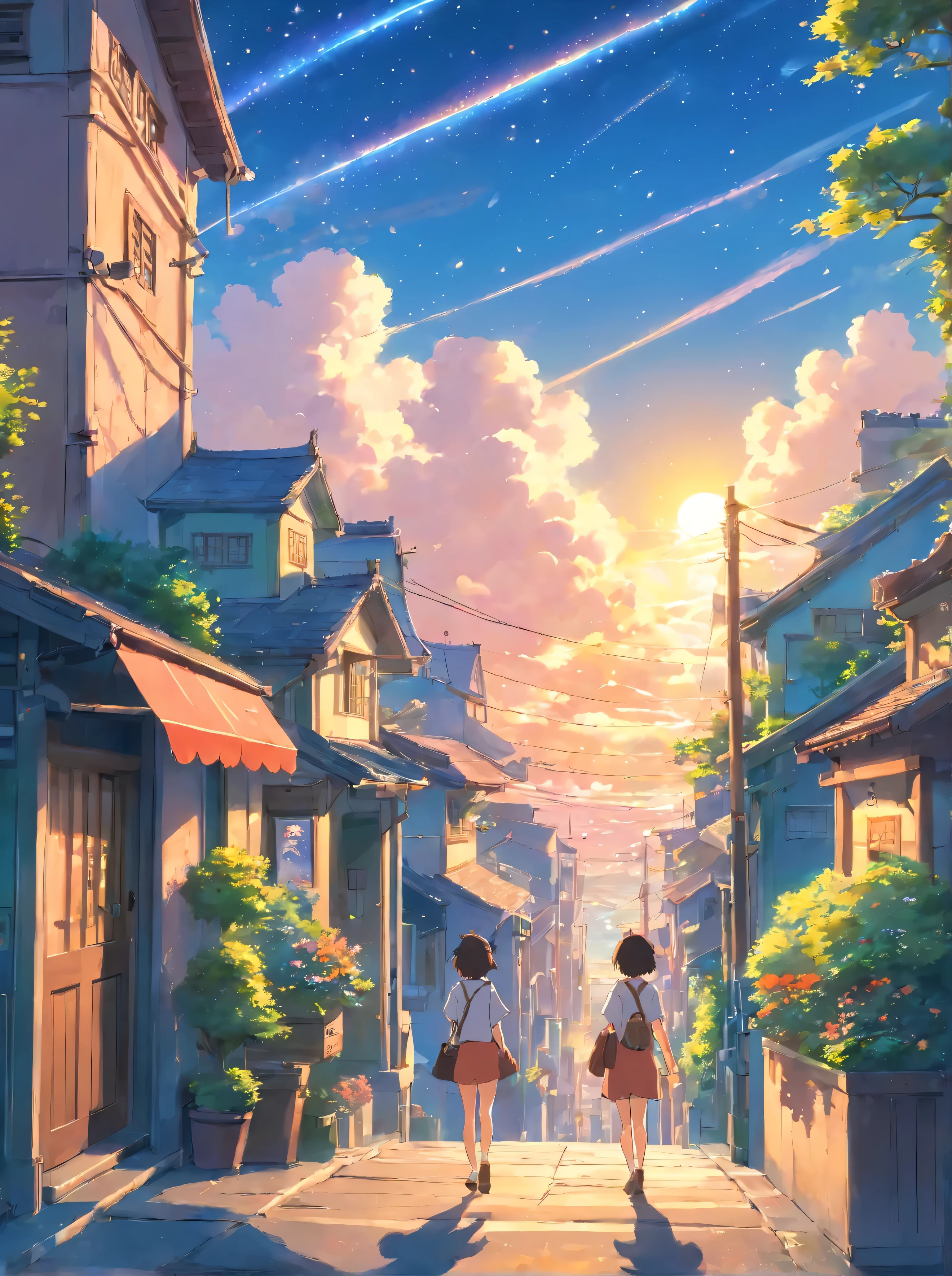 Summer, Makoto Shinka, concept art, tumblr, magic realism, beautiful anime scenes, beautiful skies. by makoto shinkai, anime background art, anime backgrounds, Makoto Shinkas style, anime movie backgrounds, galaxy express, glittery sky