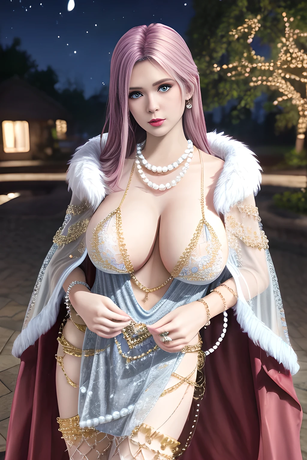 1 girl,lean over ,(Wearing Ice-crystal embellished dress:1.2) ,(Wearing Jewel:1.2) ,( lace_cloak:1.3),(Fluffs ),(pearl bodychain:1.3),mesh pantyhose,outdoor,elegant,nighttime,moonlighe,shiny skin,( huge breasts), lip gloss,tattoos, masterpiece, best quality, realistic ,Surrealism,natural colors art in 8k,soft shadows,High-definition RAW color photos professional portrait photos,solo,  elise,