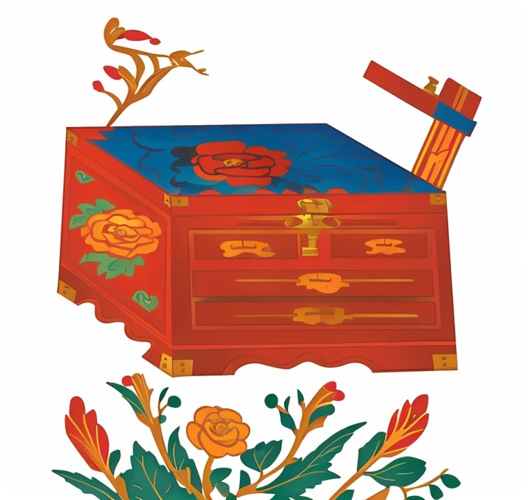 a cartoon illustration of a wooden Chest with flowers on it, covered Chest, , front of the treasure box, Chest, treasure Chest, lulu chen, treasure Chests, Ghost Festival, wu liu, large Chest, Rose, Inspired by Tawaraya Sotatsu, author：Ayako Rokkaku, hiding large treasure Chest