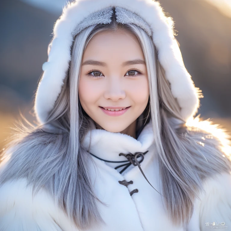 Snowy mountains、White Wolf、 ((highest quality、masterpiece、8k、Best image quality、Ultra-high resolution、Award-winning works)、(Accurate anatomy:1.1)、(Look at me and smile:1.1)、Shining fair skin with Ultra-high resolution、The most detailed face、Ultra-high resolution detailed face、Short, flowing white hair 、Beautiful face drawn in every detail、(Blurred Background:1.1)、 Inuit fur clothing:1.5,Furry Viking costume: 1.3, A real wolf next to a girl