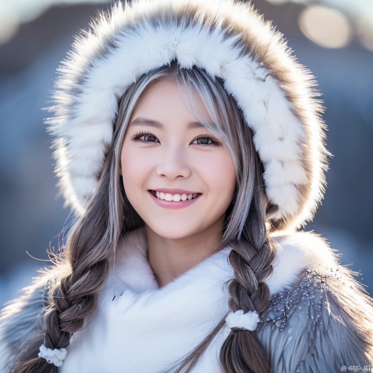 Snowy mountains、White Wolf、 ((highest quality、masterpiece、8k、Best image quality、Ultra-high resolution、Award-winning works)、(Accurate anatomy:1.1)、(Look at me and smile:1.1)、Shining fair skin with Ultra-high resolution、The most detailed face、Ultra-high resolution detailed face、Short, flowing white hair 、Beautiful face drawn in every detail、(Blurred Background:1.1)、 Inuit fur clothing:1.5,Furry Viking costume: 1.3, A real wolf next to a girl
