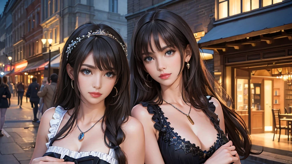 (masterpiece, highest quality, Attention to detail, Realistic, Award-winning photography :1.5), beautiful european young woman, pretty girl, model, I am an idol, Delicate face, (chest), (the body is slim:1.2), Beautiful Eyes, No makeup, Straight hair. Wearing a dress with black ruffles. Decorate your earrings, Colorful bracelet with pendant, Grin, Midnight Street View, At night. Sharp focus.