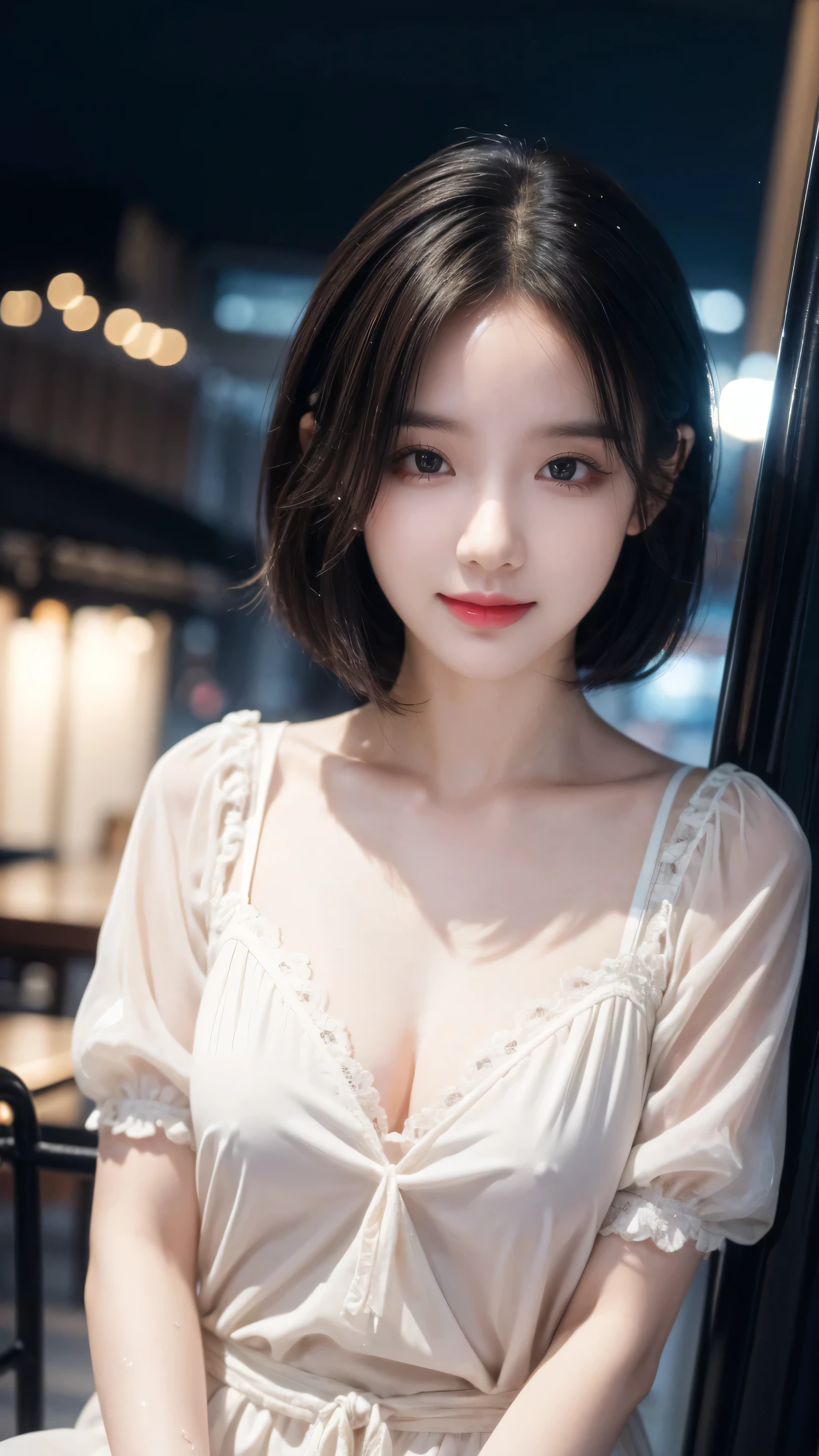 (8k, best quality, masterpiece:1.2), (Practical, photo-Practical:1.37), Super detailed,((( 1 girl))),Solitary,Beautiful and detailed sky,Detail of cafe,night,sitting,Dating,(nose blushing),(Smile:1.15),(Shut up) Small ,Beautiful and delicate eyes,(shirt:1.1), night, wet, rain,White lace, (short hair:1.2),Flowing HairNovaFrogStyle, ((whole body)),Standing, , Lovely