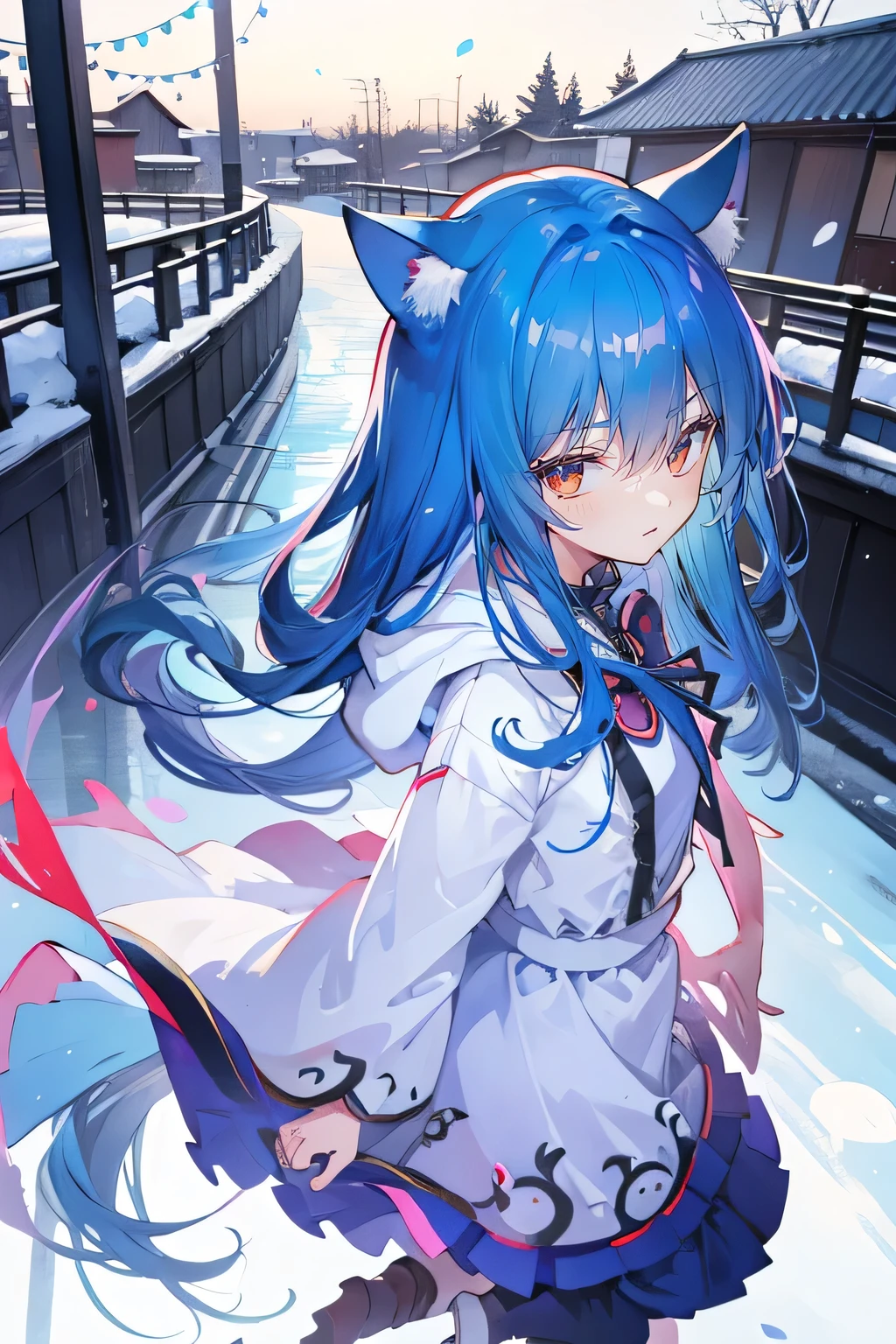 （masterpiece：1.2），Super detailed，lifelike，Expressive eyes，fair skin，perfect face shape，1 girl，
Japanese comics,Gorgeous blue hair,flowing blue hair,flowing clothes,Cat ears,Petals fall,beautiful lola,Baby Angel,
Shaking head with one hand，Cross your legs，Gentle and peaceful background，The pavilion is cool and comfortable,smile, wearing hoodie, background of tokyo,back views,snowing, winter.