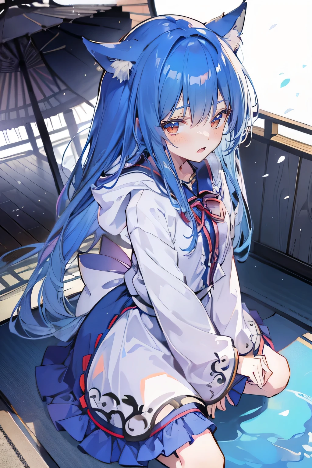 (masterpiece:1.2),Super detailed,lifelike,Expressive eyes,fair skin,perfect face shape,1 girl,
Japanese comics,Gorgeous blue hair,flowing blue hair,flowing clothes,Cat ears,Petals fall,beautiful lola,Baby Angel,
Shaking head with one hand,Cross your legs,Gentle and peaceful background,The pavilion is cool and comfortable,smile, wearing hoodie, background of tokyo,back views,snowing, winter.