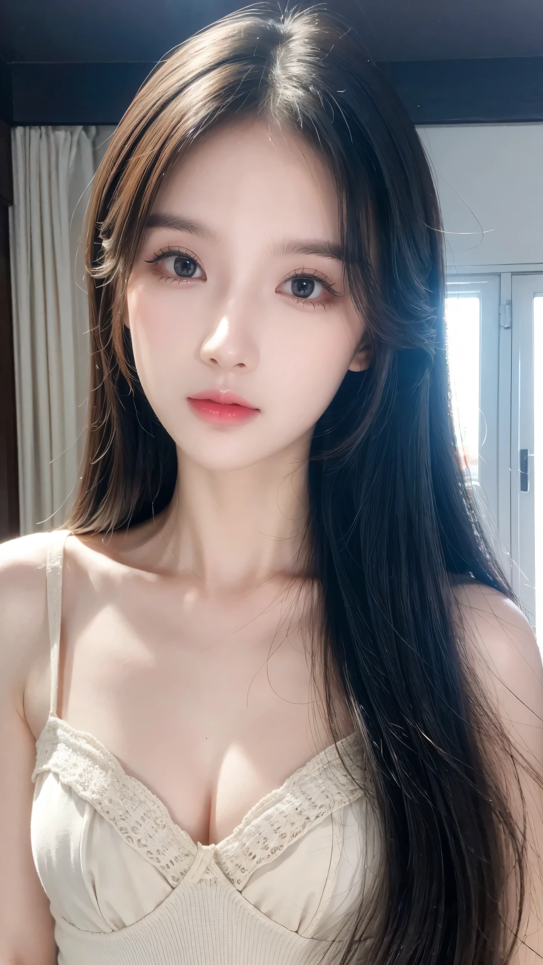 high quality, best quality, Reality, original photo, Practical, Ultra-realistic 8K CG, Ultra Detailed, HD, masterpiece, 1 girl, 18 years old, Female beautiful face, Soft face, elegant, Long hair, blue eyes, Light blue eyes, close up, Intricate details, Detailed texture, Fine details, front face , Female natural body, y, Very beautiful young female face,