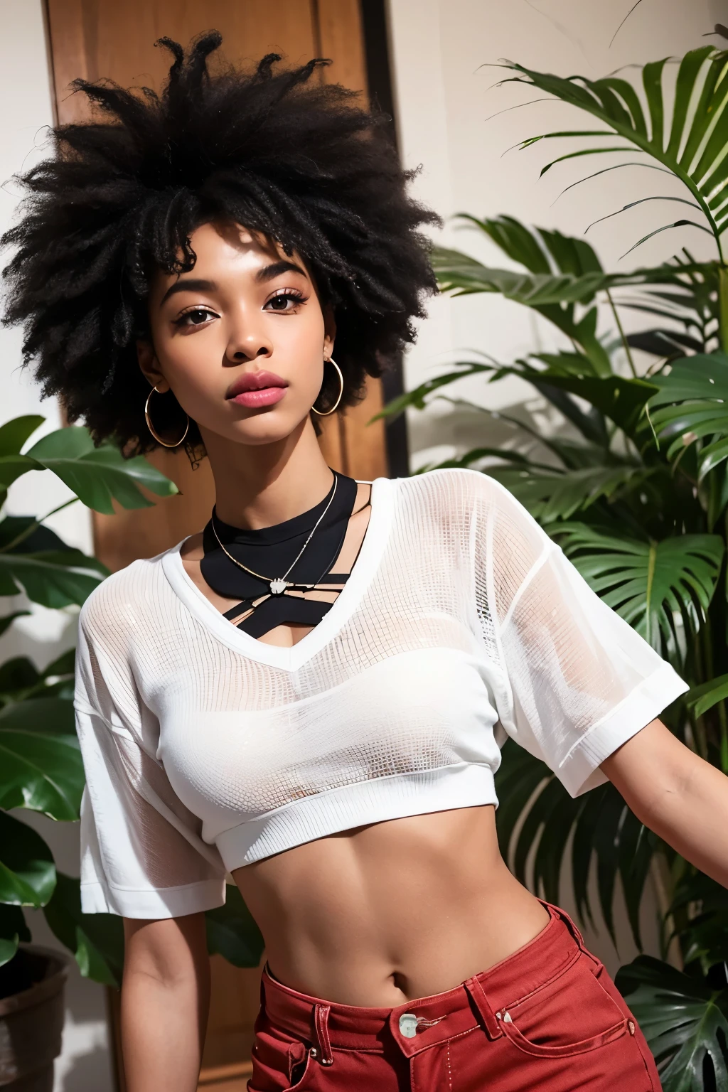 "Describe a 20-year-old Black influencer with black afro hair and intense dark eyes, capturing her confident presence and connection with Afro-Brazilian culture. Highlight her vibrant expression and fashion that celebrates her ethnic identity. Emphasize the diversity of skin tones and afro hair textures, conveying a message of empowerment and representation."
