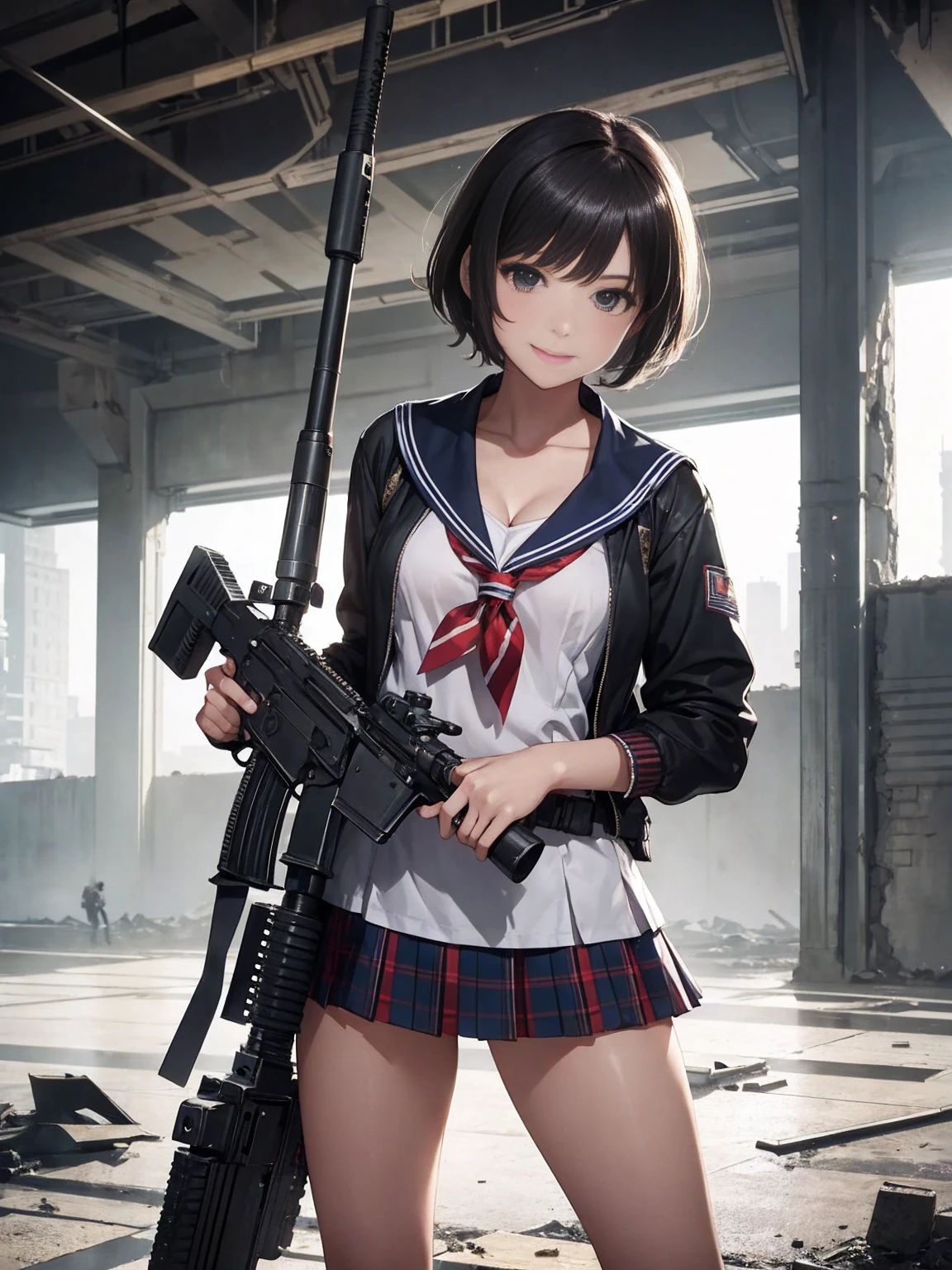 masterpiece, high quality, feel ill, Cinema Lighting, Front camera angle, A ruined metropolis, A high school girl standing on the ground holding an assault rifle (M16), beautiful girl, Invincible Smile, Good style , short hair, Cleavage, Short sailor suit, Tartan mini skirt, Dynamic pose,