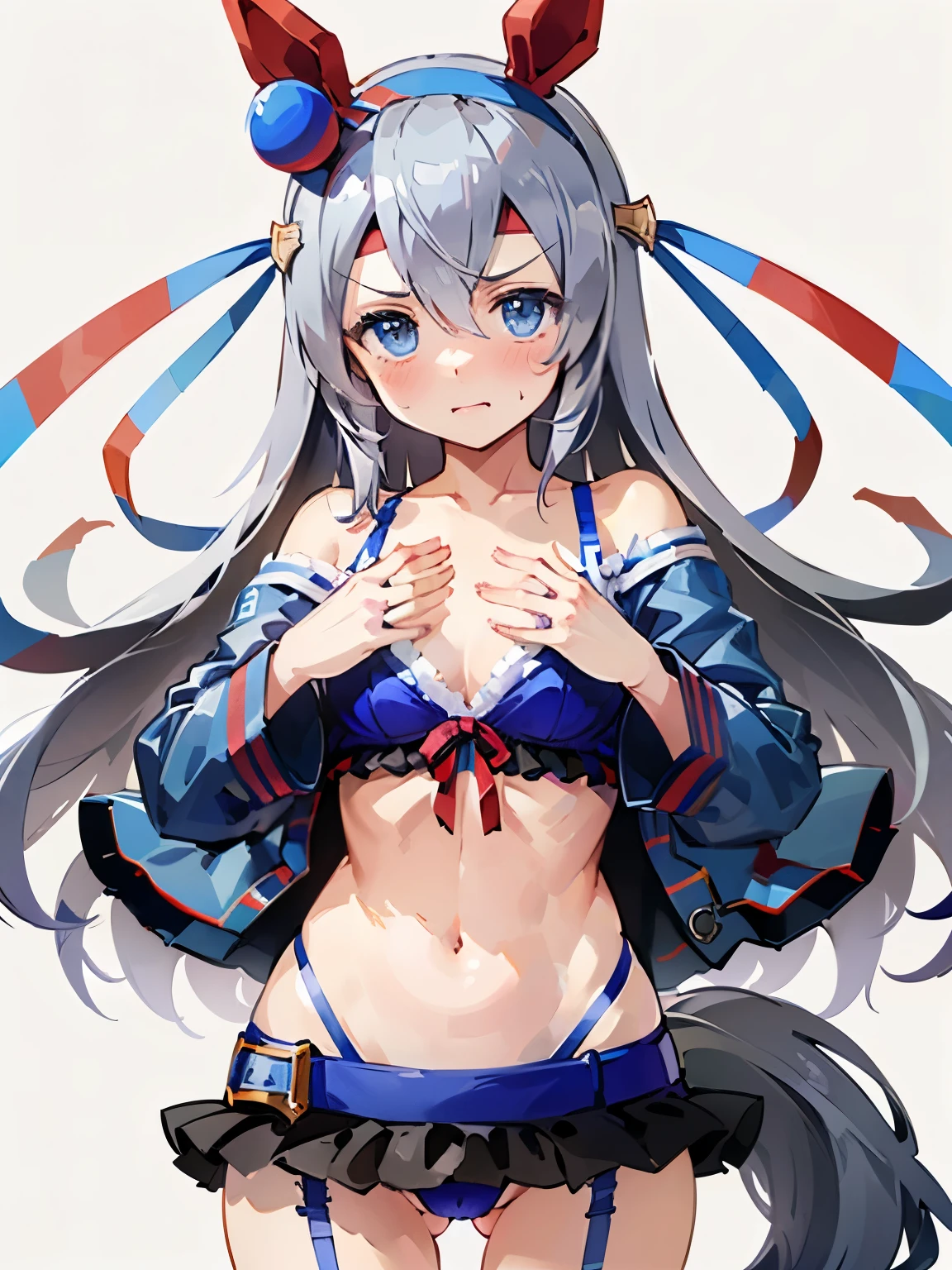 NSFW,tamamo cross \(umamusume\),(Perfect hands),(Perfect Anatomy),(masterpiece),(highest quality),Embarrassed,blush,cropped,Off the shoulder,High-quality lingerie