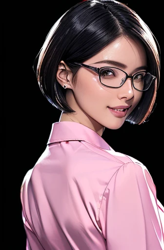 (masterpiece), (8k, best quality, high resolution), (ultra-detailed, realistic), (anatomically correct),  
((Portrait)), (Standing), (((looking back))), (No background),
(1woman),  (looking at viewer), (show your back), 
(A Japanese woman, 30 years old and 155cm tall.), 
(black hair), (straight hair), (short hair style), (bob cut), (hair behind ears), 
(wear glasses), ((black cell frame glasses)), 
((Wear a pink business shirt)), 
(Create a detailed image of the eye), 
(Her impression is pure, clean and kind.), 
((A captivating smile, just showing a few teeth.)), 　 
