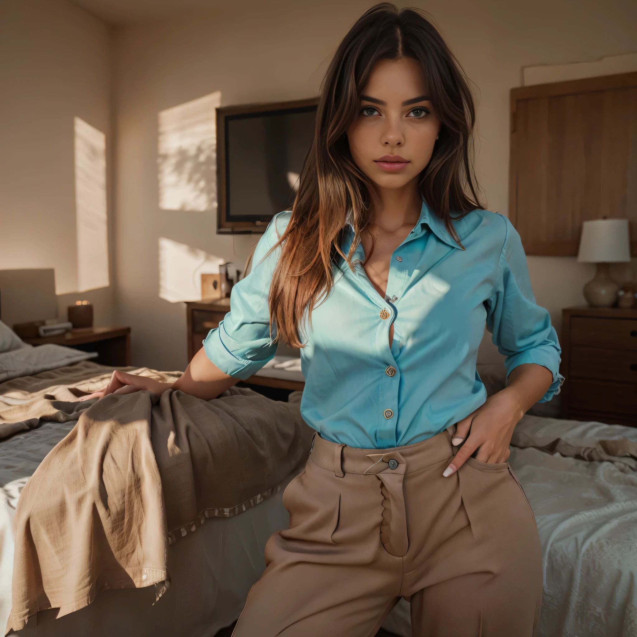 a photo of a seductive woman with loose styled brown hair, posing in bright bedroom, she is wearing Button-up Shirt and Trousers, intricate details, goosebumps, flawless face, shy, prude, (light freckles:0.9), ((photorealistic):1.2), raw, blurry background, proffessional shoot
