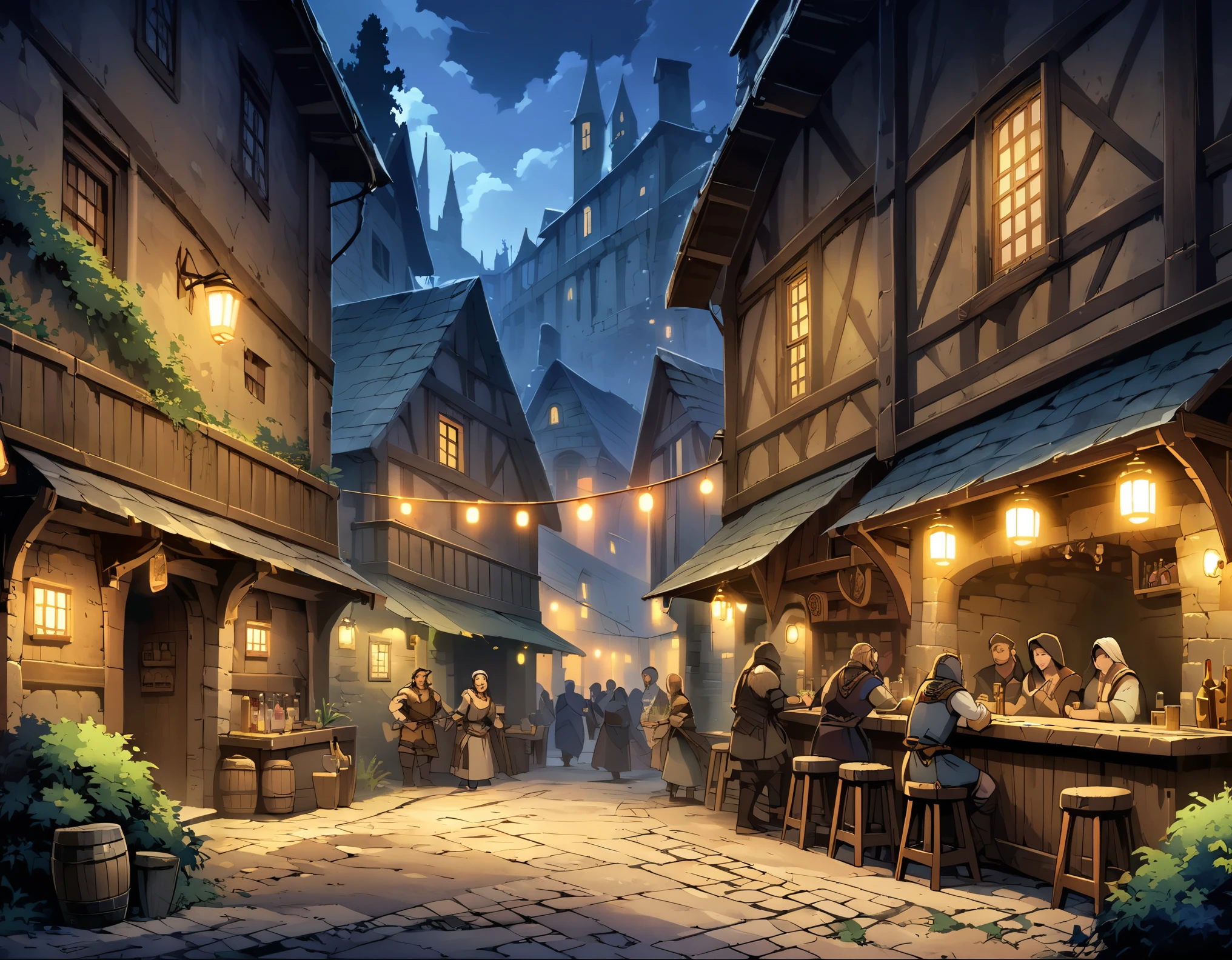 A tavern(The European Medieval Black Market),The pub is located in a secluded alley,It was pitch black all around,There are bushes and weeds,There are no pedestrians on the streets,There are five people drinking in the bar,The setting is night。Mid-ground composition,Panorama pictures,Scene screen,Game concept art style,Anime illustration style,HD,4K。