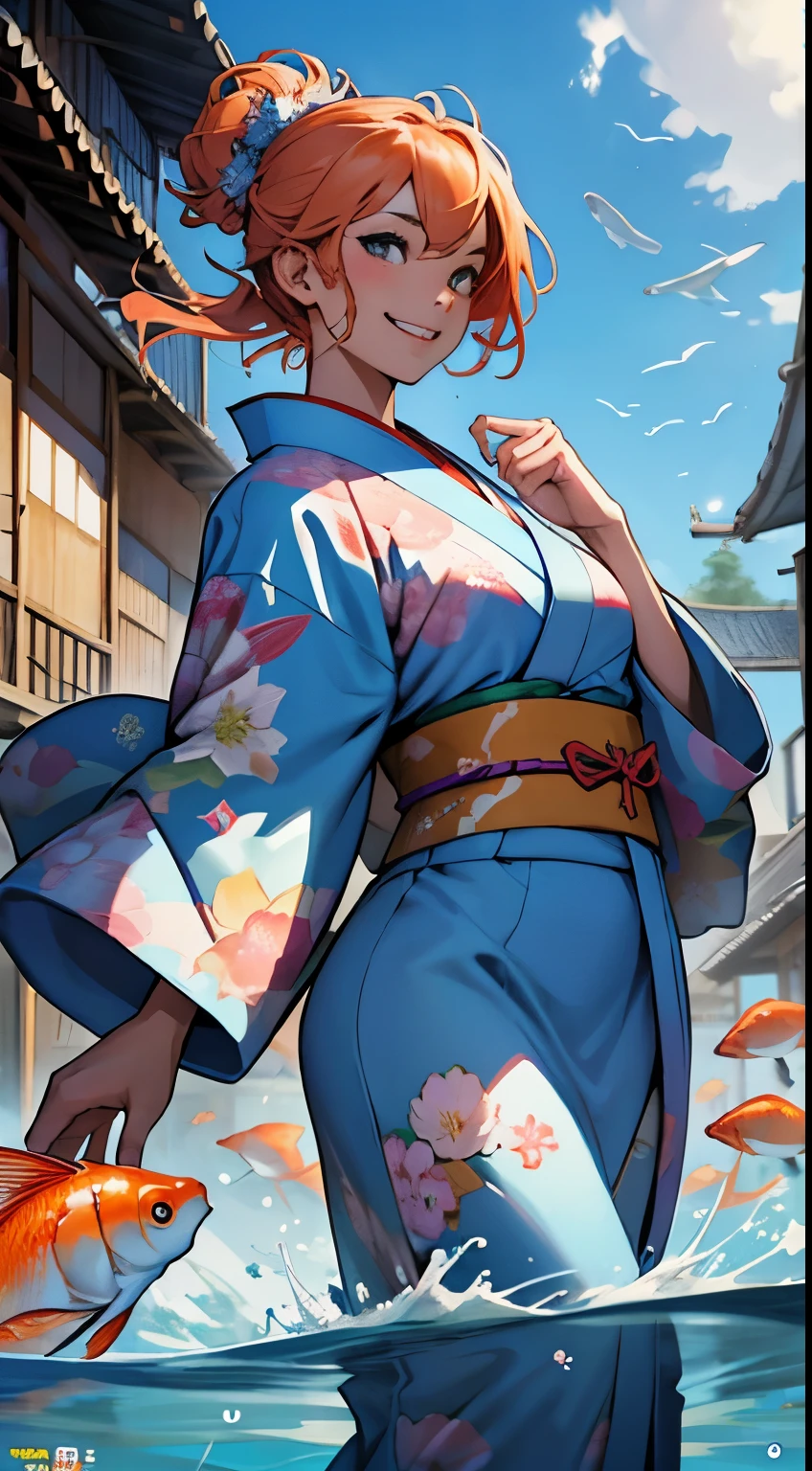 Woman in kimono、gorgeous dance、a smile、A school of goldfish swimming in the air、comic comic book cover