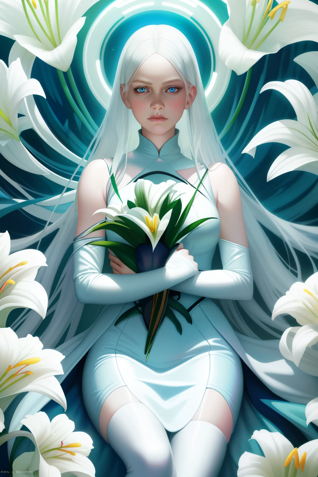 Portrait of a curvaceous female albino vampire, her blue eyes reflecting an ethereal glow as she tenderly cradles a bundle of lilies. Dressed in a glossy PVC miniskirt that shimmered under the soft light, she exuded an enchanting allure. Composed by the masterful hands of artists James Jean and Wlop, this vivid piece was further brought to life by Jen Bartel and Beeple's brilliance.

J.C. Leyendecker and Sachin Teng graced this artwork with their intricate details and captivating storytelling. Sachin Teng's expertise shone through in the