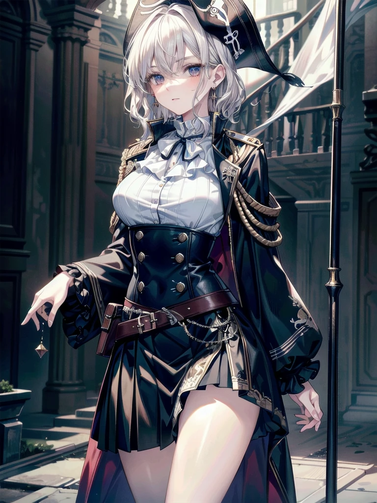 absurdres, RAW photo, extremely delicate and beautiful, masterpiece, Best Quality, ultra high resolution, 32k, hyperrealistic, ultra-detailed, detailed description, pale skin, 20 years old, tearful mole, earring, Colossal tits, short medium hair, wavy hair, cowboy shot, Practical pirate clothing, Long-sleeved pirate top, Skirt,