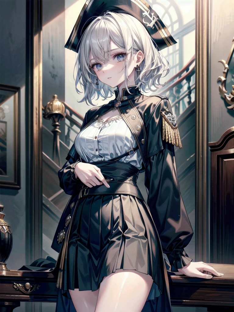 absurdres, RAW photo, extremely delicate and beautiful, masterpiece, Best Quality, ultra high resolution, 32k, hyperrealistic, ultra-detailed, detailed description, pale skin, 20 years old, tearful mole, earring, Colossal tits, short medium hair, wavy hair, cowboy shot, Practical pirate clothing, Long-sleeved pirate top, Skirt,