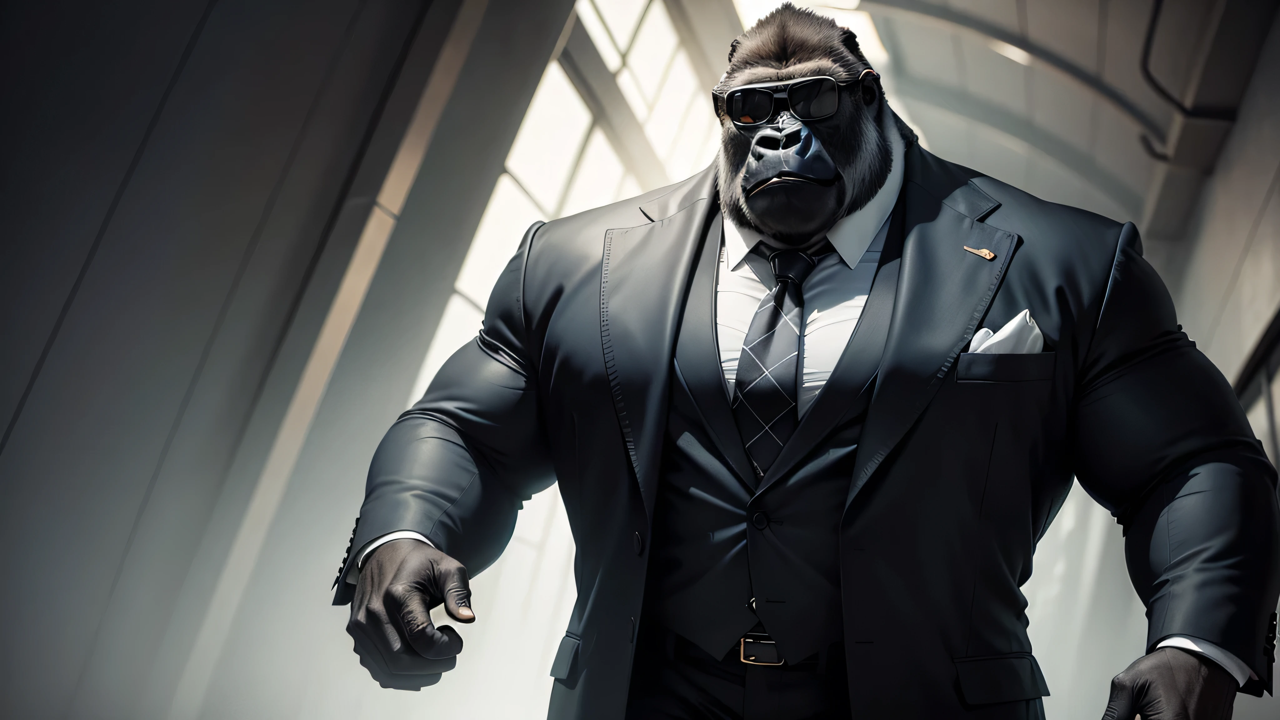 Silverback Gorilla,Surreal,8k,Wear a tie,Strong with sunglasses,Dark Black Tones
