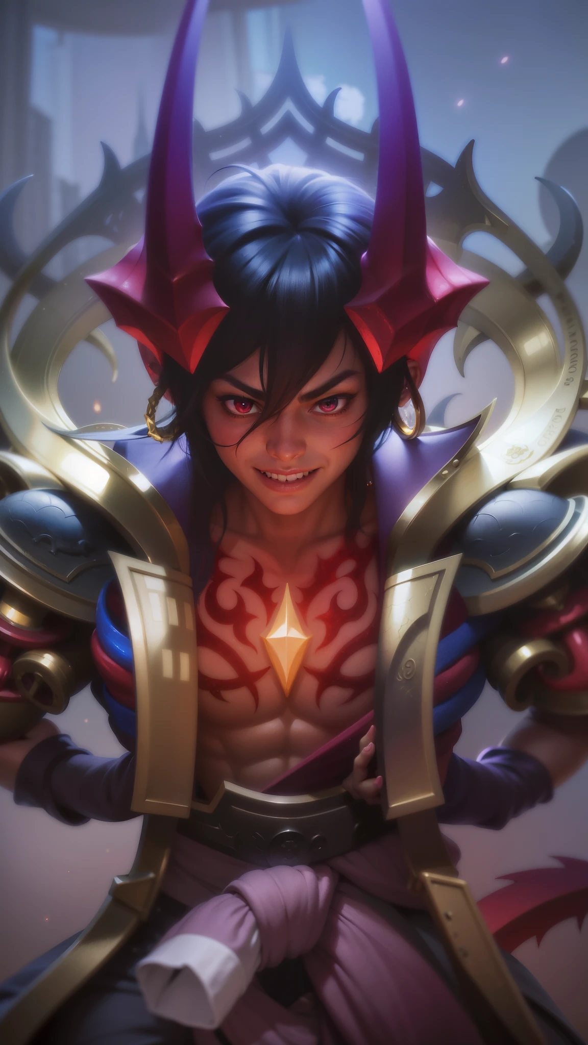 boy with purple hair and red shirt holding a purple ball, Masterpiece, ultra HD, detailed all picture, a close up of a devil, dyrroth from mobile legend, evil, extremely detailed artgerm, mobile legends character, inspired by Dyrroth, Six pack chest and abs, black jewel above the chest, red eyes, glare.