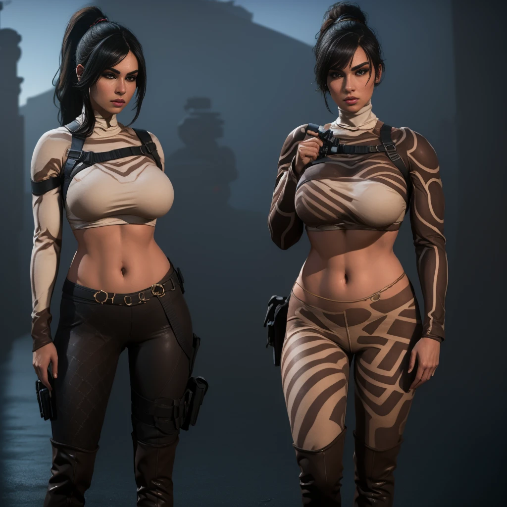 (full body portrait, 1 girl, looking at viewer, highly detailed, anatomy correct:1.4), tactical gear, coffee knee boots, (athletic body:1.3), coffee leggings, jewelry, black hair, ponytail hair, ski mask, (perfect face and hands:1.4), ((Best quality, masterpiece, Very beautiful woman)), Depth-of-field, Multi-layered textures, HDR (High Dynamic Range), Ray Tracing, NVIDIA RTX, Unreal 5, Subsurface scattering, PBR Texturing, Post-processing, Anisotropic Filtering, Maximum clarity and sharpness, Wide aperture, Low ISO, White balance, Rule of thirds, 8K RAW, (extremely slutty), (Highly realistic skin), sharp image, (extremely high quality artwork),