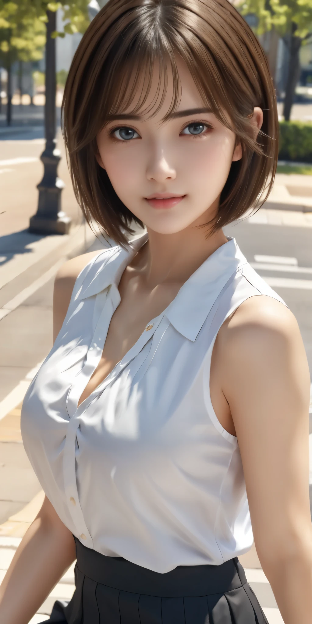 Photorealistic、highest quality、Highest quality、masterpiece、Ultra-high resolution、Raw photo、Realistic、Bright lighting、Face Light、Smooth Professional Lighting、Looking at the camera、alone、Adult women、Beautiful woman、Super Beauty、Realistic肌、Moisturized Skin、Realistic eyes and faces、Perfect model body shape、Beautiful Eyes、Big eyes、Inconspicuous tear bags、slim、Big Breasts、No bra、Beautiful fingers、Very short hair、Black Hair、black eye、seems to be happy、Cowboy Shot、(Both ears are hidden in the hair)、(((White blouse、skirt)))、at the park