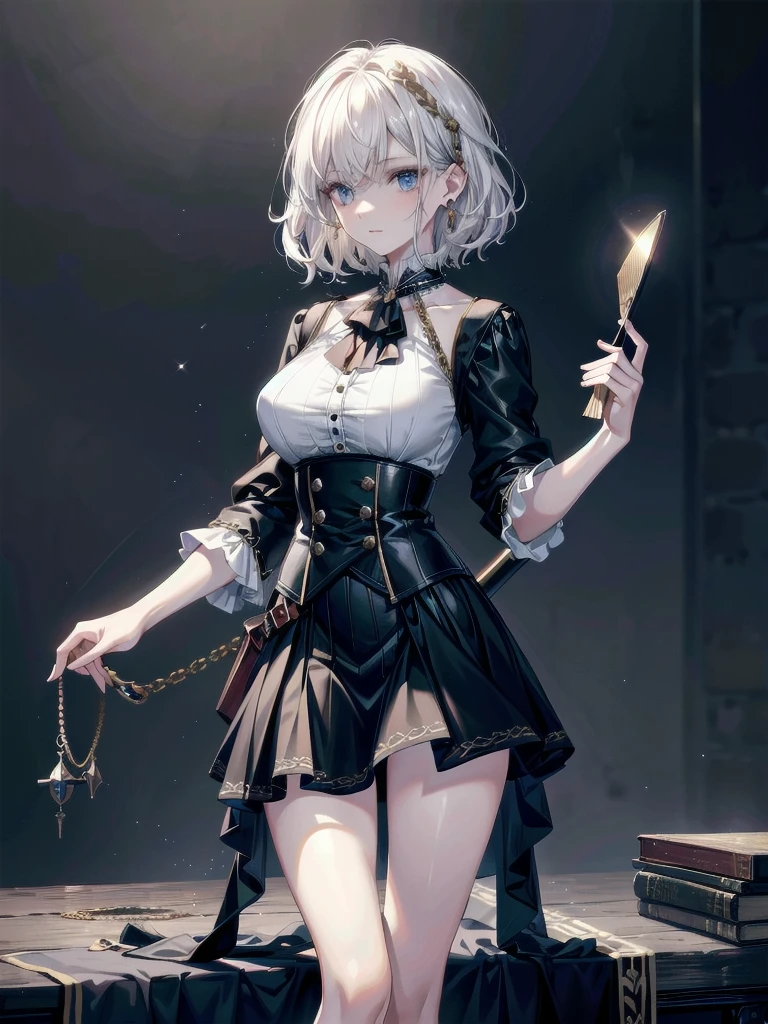 absurdres, RAW photo, extremely delicate and beautiful, masterpiece, Best Quality, ultra high resolution, 32k, hyperrealistic, ultra-detailed, detailed description, pale skin, 20 years old, tearful mole, earring, Colossal tits, short medium hair, wavy hair, full body shot, Practical pirate clothing, Long-sleeved pirate top, Skirt,