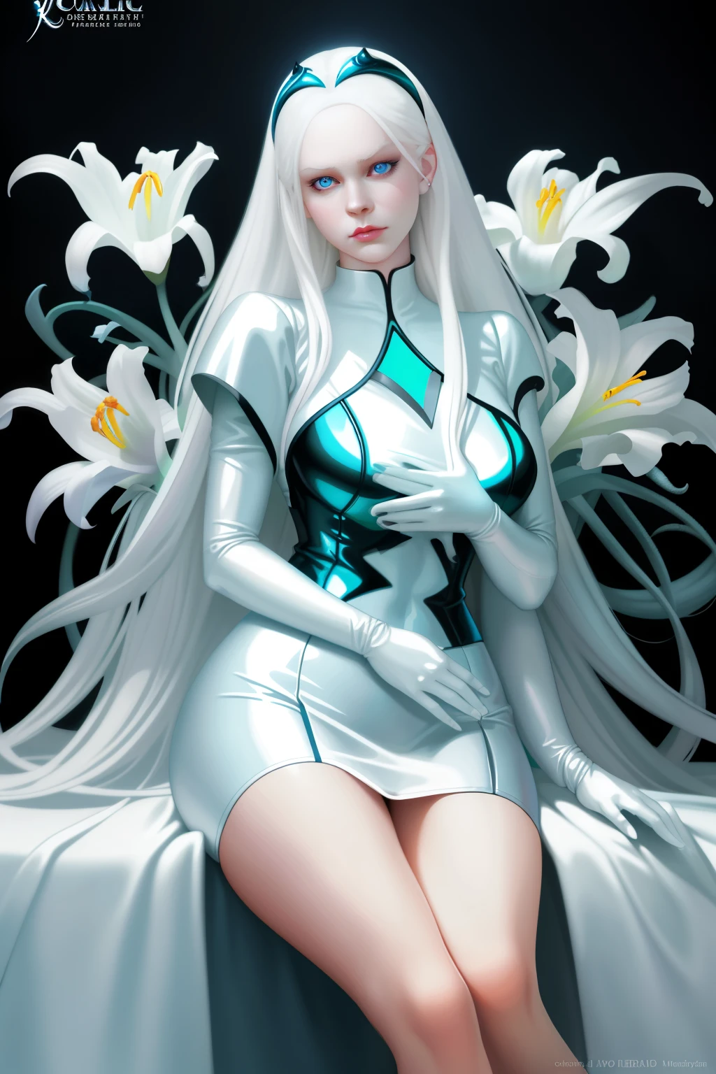Portrait of a curvaceous female albino vampire, her blue eyes reflecting an ethereal glow as she tenderly cradles a bundle of lilies. Dressed in a glossy PVC miniskirt that shimmered under the soft light, she exuded an enchanting allure. Composed by the masterful hands of artists James Jean and Wlop, this vivid piece was further brought to life by Jen Bartel and Beeple's brilliance.

J.C. Leyendecker and Sachin Teng graced this artwork with their intricate details and captivating storytelling. Sachin Teng's expertise shone through in the