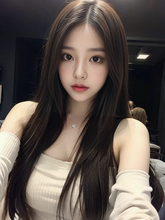 hair,selfie angle,long hair,Lazy,Fluffy hair,random,Leisurely,dim lights,in the darkness,Be impatient,film,Atmosphere,Cold expression,Charming expression,Off-shoulder
